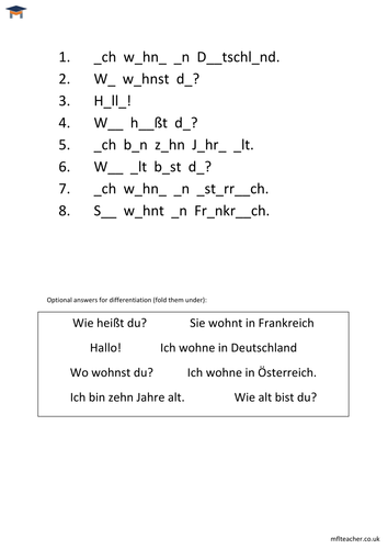 German - Simple greetings missing vowels worksheet
