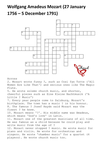 Wolfgang Amadeus Mozart Crossword