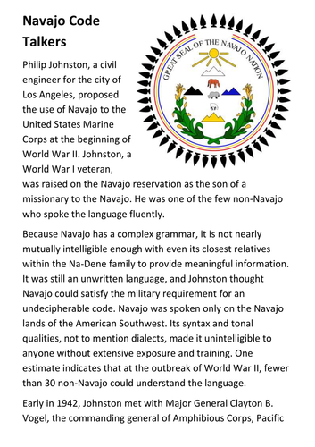 Navajo Code Talkers WW2 Handout