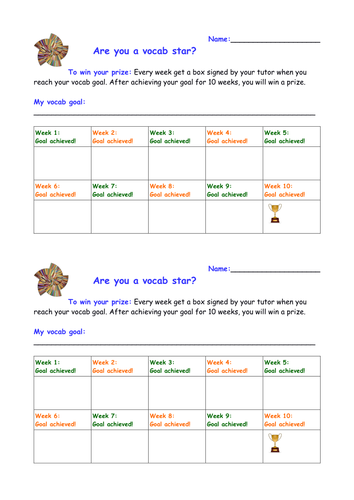 Vocabulary learning reward chart