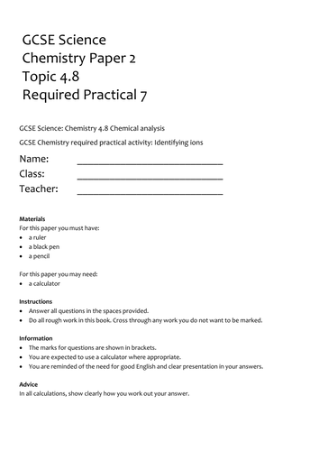Identifying ions required practical worksheet | Teaching Resources