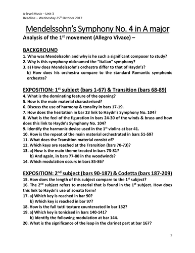 Analysis Worksheets for Mendelssohn's Symphony No. 4 (Italian), movements 1-4