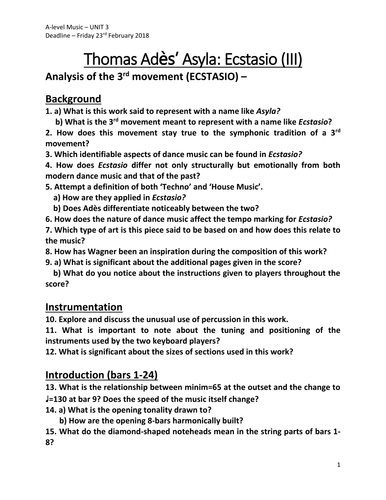 Analysis Worksheets for Thomas Adès' Asyla (Ecstasio, mvt. III)