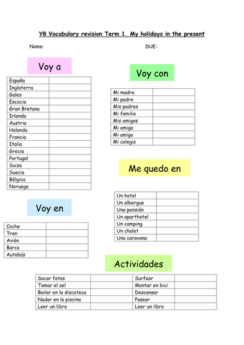 Year 8 Term 1 Homework "My holiday"