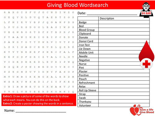 Giving Blood Wordsearch Health Hospitals Literacy Starter Activity Homework Cover Lesson Plenary