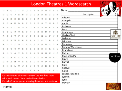 London Theatres 1 Wordsearch Drama Literacy Starter Activity Homework Cover Lesson Plenary