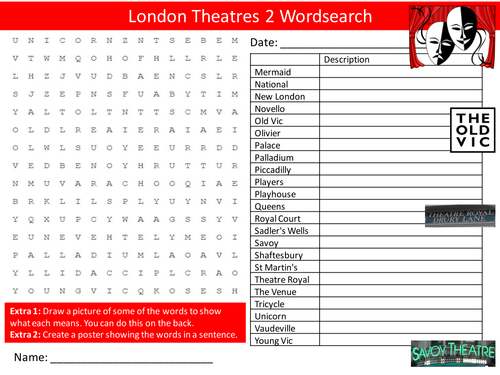 London Theatres 2 Wordsearch Drama Literacy Starter Activity Homework Cover Lesson Plenary