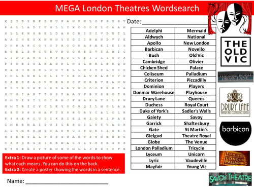 London Theatres 1&2 Wordsearch Drama Literacy Starter Activity Homework Cover Lesson Plenary