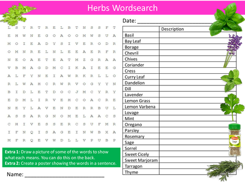 Herbs Wordsearch Food Technology Literacy Starter Activity Homework Cover Lesson Plenary