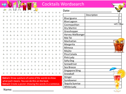 Cocktails Wordsearch Alcohol Awareness PHSE Starter Activity Homework Cover Lesson Plenary