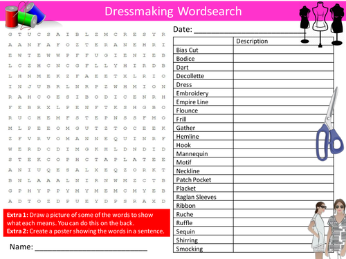 Dressmaking Wordsearch Textiles Technology Literacy Starter Activity Homework Cover Lesson Plenary