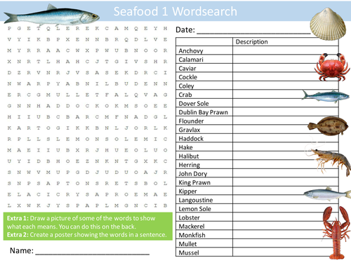 Seafood 1 Wordsearch Food Technology Literacy Starter Activity Homework Cover Lesson Plenary