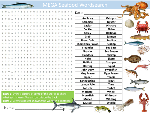 Seafood 1&2 Wordsearch Food Technology Literacy Starter Activity Homework Cover Lesson Plenary