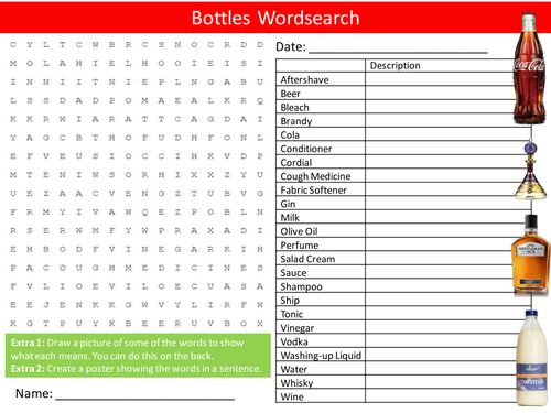 Types of Bottles Wordsearch Glass Materials Literacy Starter Activity Homework Cover Lesson Plenary