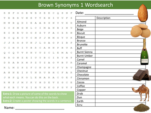 Brown Synonyms 1 Wordsearch Art Colours Literacy Starter Activity Homework Cover Lesson Plenary