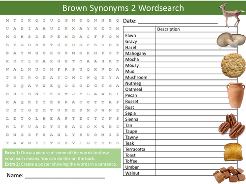 Brown Synonyms 2 Wordsearch Art Colours Literacy Starter Activity Homework Cover Lesson Plenary