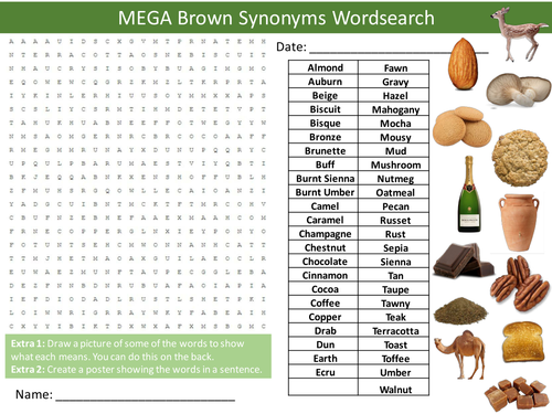 Brown Synonyms 1&2 Wordsearch Art Colours Literacy Starter Activity Homework Cover Lesson Plenary