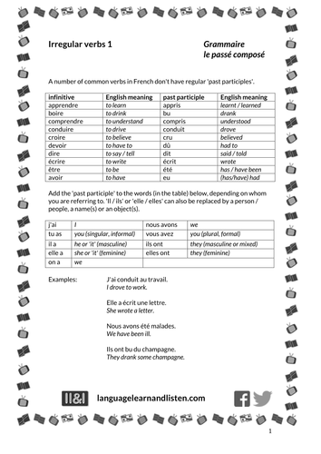 Le passé composé - Irregular verbs 1 (that take 'avoir' as an auxilary)