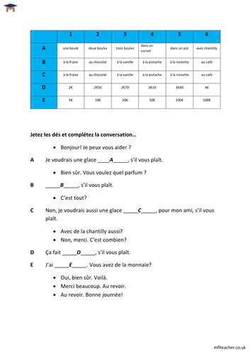 French - Ice cream conversation dice pairwork