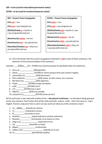 Worksheet 2 Ser Vs Estar Answers Tutoreorg Master Of Documents 9666