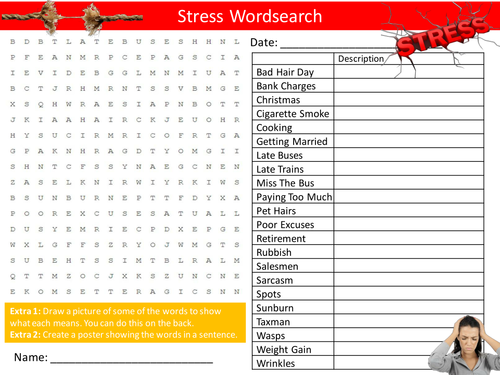 Stress Wordsearch PHSE Keeping Healthy Literacy Starter Activity Homework Cover Lesson Plenar