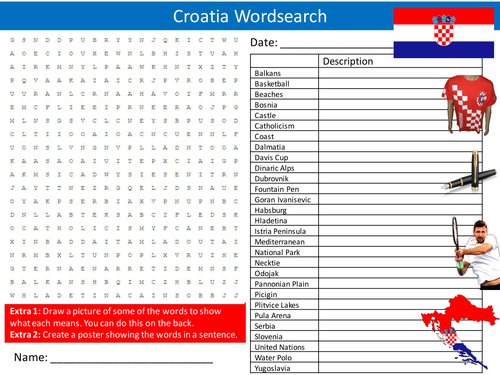 Croatia Wordsearch Country Geography Literacy Starter Activity Homework Cover Lesson Plenary