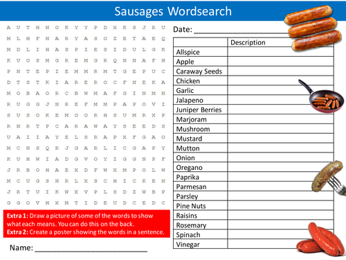 Sausages Wordsearch Food Technology Literacy Starter Activity Homework Cover Lesson Plenary