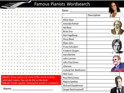 Famous Pianists Wordsearch Piano Music Literacy Starter Activity Homework Cover Lesson Plenary