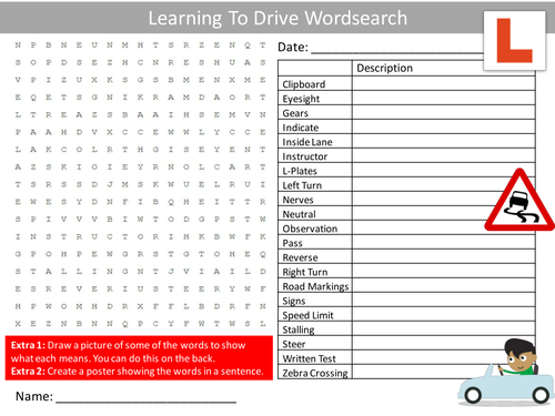 Learning To Drive Wordsearch Driving Test Literacy Starter Activity Homework Cover Lesson Plenary