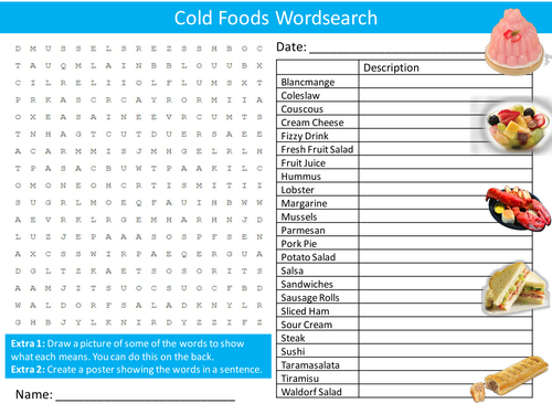 Cold Food Wordsearch Food Technology Literacy Starter Activity Homework Cover Lesson Plenary