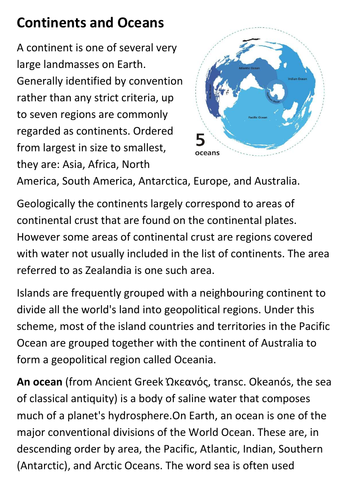Continents and Oceans Handout Handout