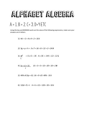 Alphabet algebra activity with answers