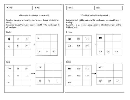 Year 5 - Doubling and Halving Homework - Worksheet - Numeracy - Block A Unit 1