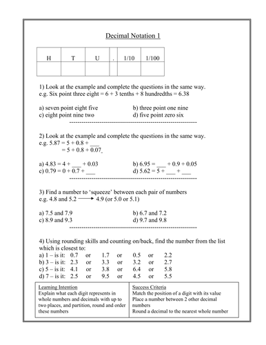 Year 5 - Decimal Notation -Worksheet - Numeracy - Block A Unit 2