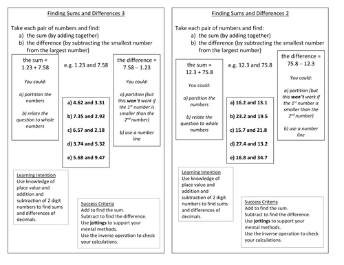 Year 5 - Finding Sums and Differences - Worksheet - Numeracy - Block A Unit 2