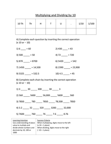 Year 5 - Multiplying and Dividing by 10, 100, 1000 - Worksheets - Numeracy - Block A Unit 2