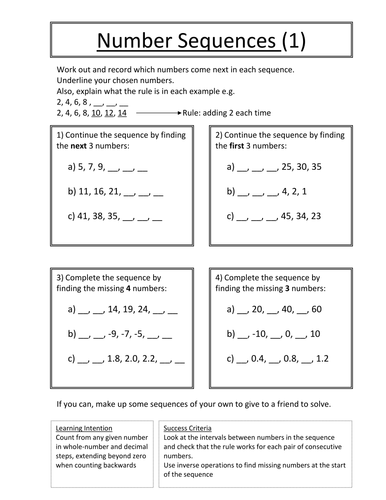 Year 5 - Number Sequences and Patters - Worksheets - Numeracy - Block A Unit 2