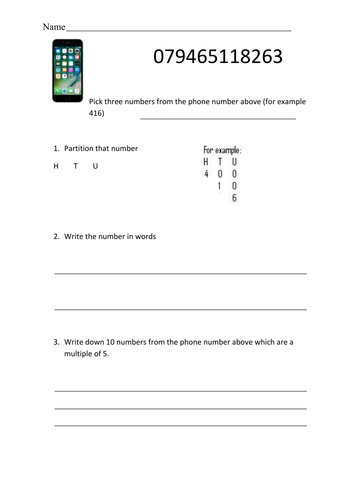 Year 5 - Partitioning using Phone Numbers Homework - Numeracy - Block A Unit 2
