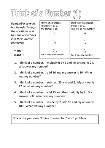 Year 5 - Think of a Number - Worksheets - Numeracy- Block A - Unit 2