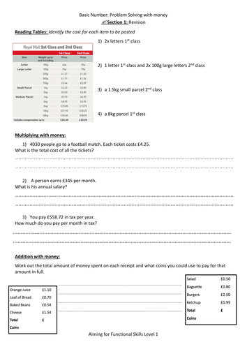 Functional Skills Exam Revision Worksheet-L1:Money/decimals