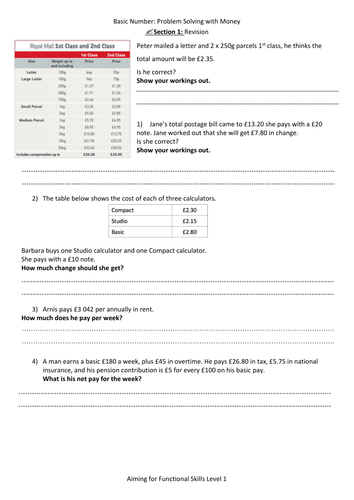 Functional Skills Exam Revision worksheets-L2: Money/decimals