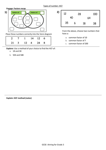 gcse revision worksheet hcflcm and prime factorisation teaching