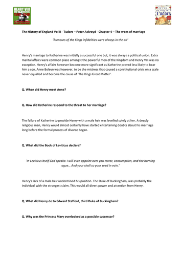 Tudors - Peter Ackroyd - Chp 4 - The woes of marriage  - Supporting Worksheet