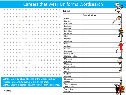 Jobs with Uniforms Wordsearch Careers Literacy Starter Activity Homework Cover Lesson Plenary