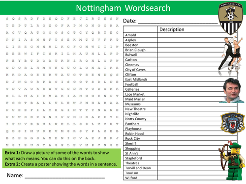 Nottingham Wordsearch City County Literacy Starter Activity Homework Cover Lesson Plenary