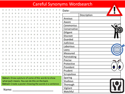 Careful Synonyms Wordsearch English Language Literacy Starter Activity Homework Cover Lesson Plenary