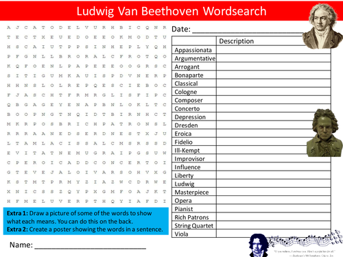 Ludwig Van Beethoven Wordsearch Music Literacy Starter Activity Homework Cover Lesson Plenary
