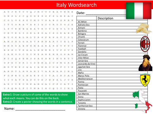 Italy Wordsearch Country Geography Literacy Starter Activity Homework Cover Lesson Plenary