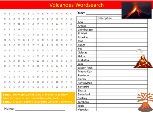 Volcanoes 1&2 Wordsearch Geography Geology Literacy Starter Activity Homework Cover Lesson Plenary