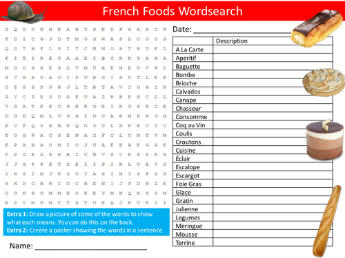 French Cookery Wordsearch Food Technology Literacy Starter Activity Homework Cover Lesson Plenary